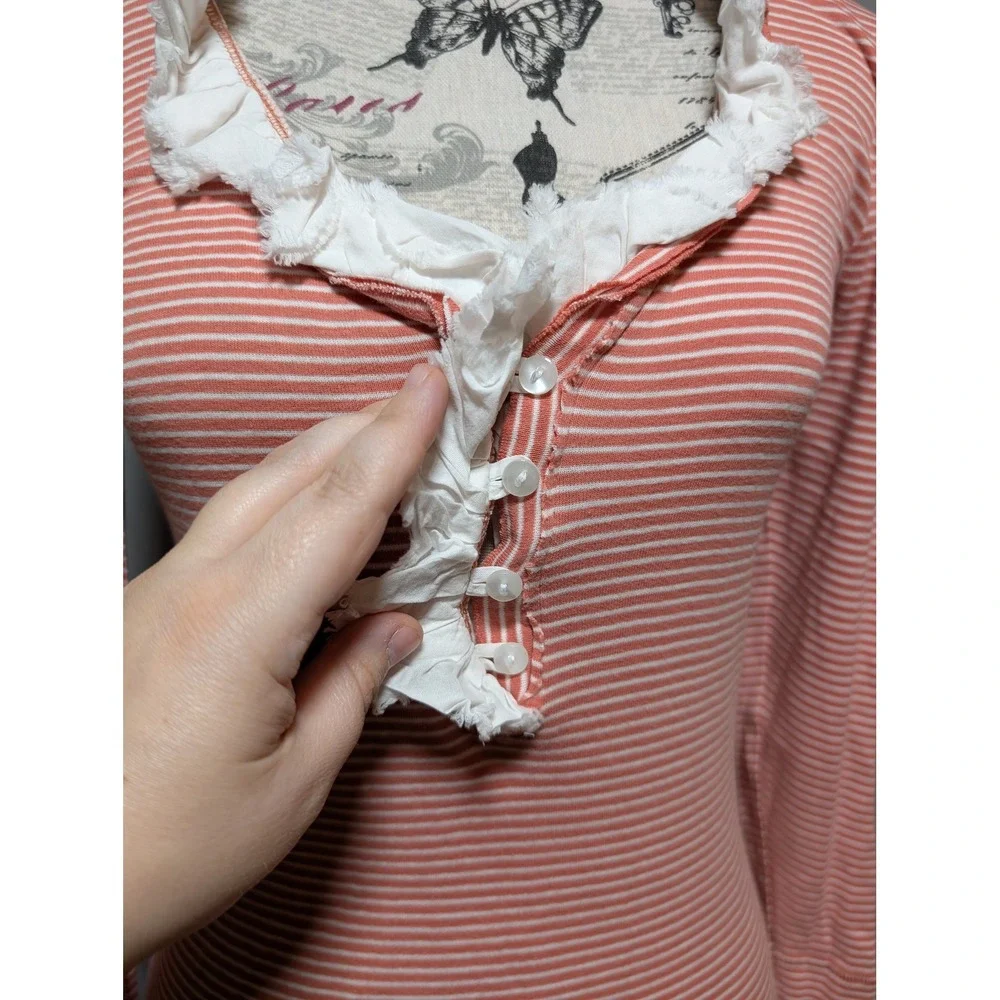 J Crew Peach White Striped Ruffle Button Front Cotton Henley Top Women's‎ Small
